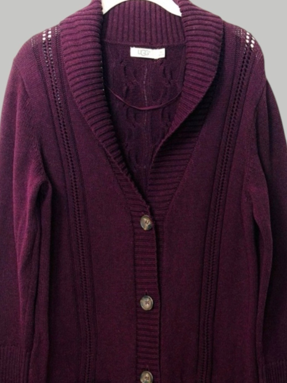 UGG Dark Plum Knit Long Cardigan M/L Pointelle Sweater Dark Academia, Vampi - Picture 3 of 11